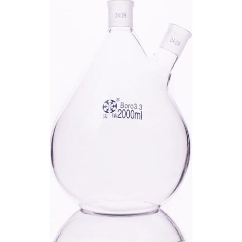 Flask eggplant shape,2 short necks standard grinding mouth,Flat bottom,Capacity 2000ml,joint 24/29,Oblique eggplant-shaped flask