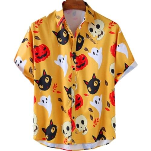 Korean Mens Vintage Yellow Shirt Summer New Hawaiian Short Sleeve Shirt Halloween Pumpkin Print Beach Shirts Man Oversized Hemd