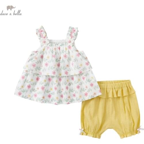 DBS17577 dave bella summer baby girls cute bow floral print clothing sets kids girl fashion sleeveless sets children 2 pcs suit