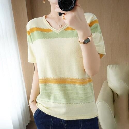Summer womens T-shirt cotton knitted sweater short-sleeved casual V-neck stitching knitwear plus size pullovers women top tees
