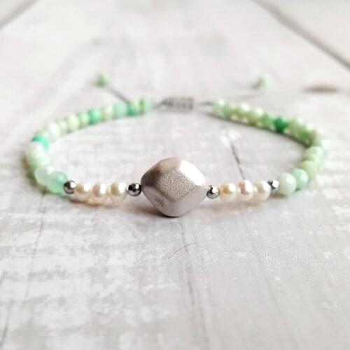 Lii Ji Natural Chrysoprase,Pearl 925 Sterling Silver Platinum Plated Charm Adjustable Bracelet Sparkling Delicate Jewelry