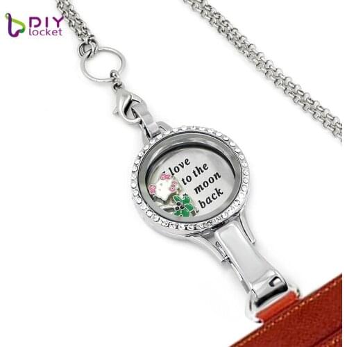 Diylocket Silver Color crystal LANYARD lockets necklace magnetic glass floating charm locket pendant chains for free Zinc Alloy