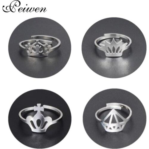 Fashion Crown Shape Ring Stainless Steel Silver Color Cuff Wedding Band Ring For Women Men Jewelry Open Adjustable Rings Gift