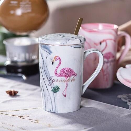 Marbling Ceramics Cup Nordic Phnom Penh Flamingo Mug Drinking Glass with Spoon Cover Coffee Cup Household Kitchen Supplies