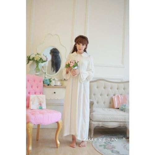 Free Shipping 100% Cotton Princess Womens White Long Nightgown Royal Pijamas Beige Sleepwear Soft Nightdress