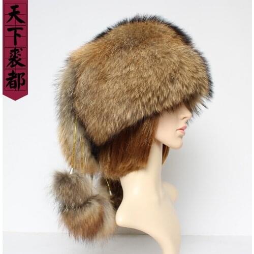 New Russia Women Winter Luxury Fluffy Real Raccoon Fur Hats Lady Warm Genuine Raccoon Fur Cap Female Party Fashion Fur Caps