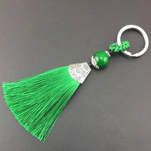 Wholesale 14cm light green Tassel Charms Ice Silk Key Ring With Beads Pendant Key buckle Satin Tassels Jewelry Making 10pcs
