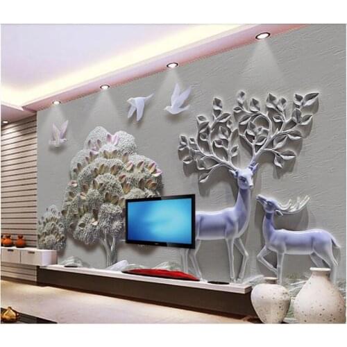 WDBH Custom photo mural 3d wallpaper European embossed tree deer background home decor 3d wall mural wallpaper for living room