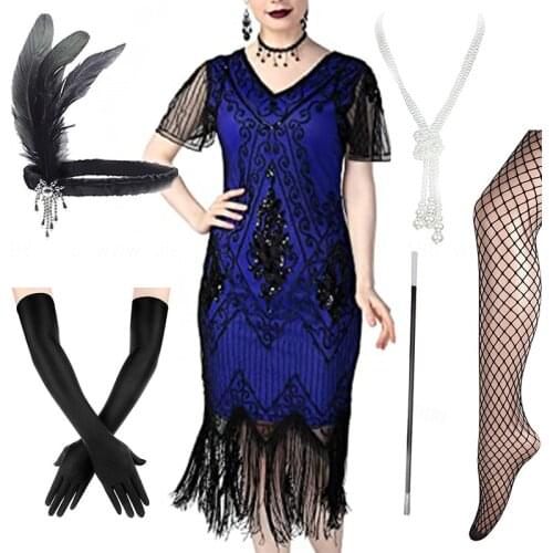 Plus Size 5xl/4xl 1920s Gatsby Womens Vintage Sequin Beaded Long Fringed Tassels Hem Flapper Dress Party Dress /Accessories Set