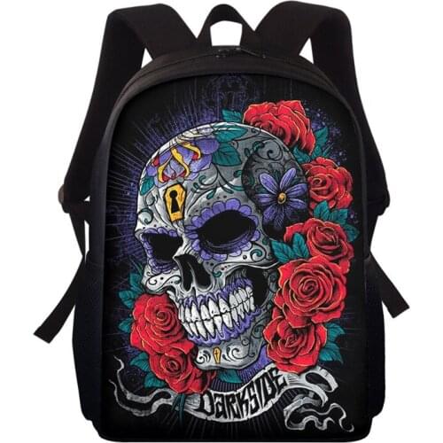School Backpack for Teenager Student Skull with Rose Print Horror Style Boys Gilrs Book Rucksack Washable Mochila