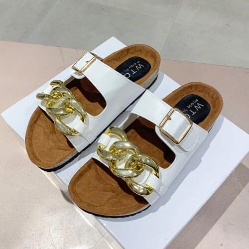 Open Toe Slippers New Suede Leather Rubber Sandals for Women Garden Flat Slides Chain Designer Shoes Mules Zapatos