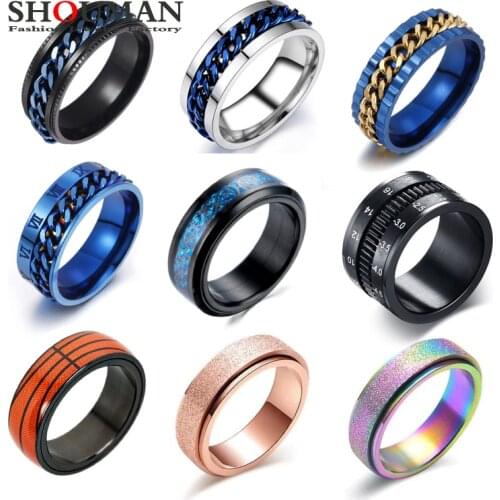 SHOUMAN 9 Style Spinner Rotatable Chain Rings Stress Relief for Men Women Wedding Band Finger Jewelry Gift