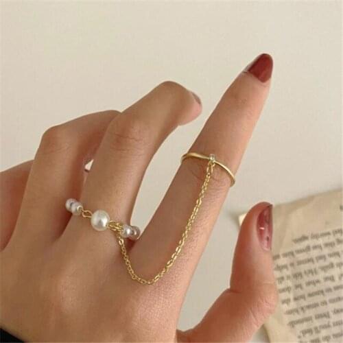 Creative Simplicity 2-piece Chain Pearl Ring European And American Womens Punk Hip Hop Accessories Gold Silver Color Jewelry