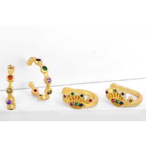 CZ Turkish Evil Eye Earrings Hoops Gold Earcuff No Pierced Trendy Crystal Rainbow Earings Fashion Jewelry aretes de mujer ersr95