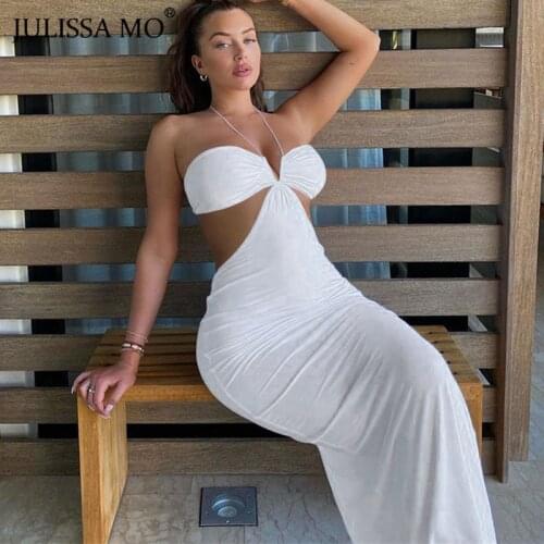 Julissa Mo Hollow Out Backless Summer Party Dress 2021 Sleeveless Halter Dresses For Women Sexy Elegant Long Bodycon Vestidos