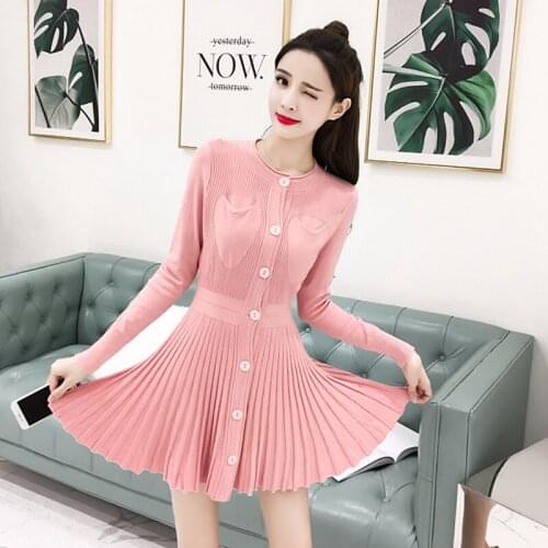 Stinlicher Spring Autumn Elegant Pleated Sweater Dress Women Long Sleeve Elastic Female Single-Breaste Luxury knit Mini Dresses