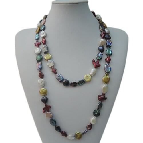 100% NATURE FRESHWATER PEARL LONG NECKLACE-120 CM pearl necklace,coin baroque shape