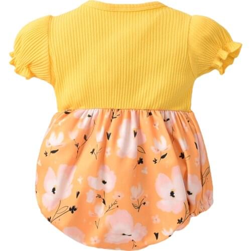 2021 Bodysuits Baby Girls Casual Romper Yellow Floral Printed Pattern Short Sleeve Round Collar kids Bodysuits for 0-12M