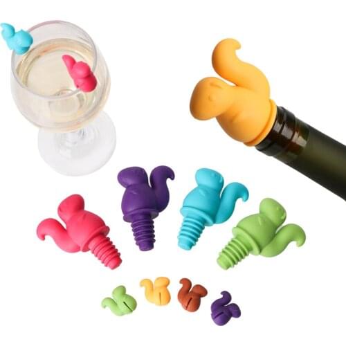 7 pcs/set Drink Cup Mixproof Silicone Marker Rubber Wine Glass Label Wine Cork Plug Cute Squirrel Shape Wine Bottle Stopper