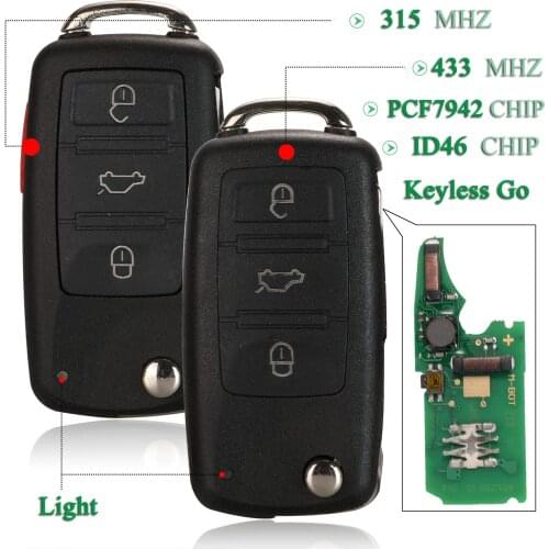 Bilchave Keyless Go Fob 3/4 Buttons 315/433Mhz Flip Remote Smart Car Key ID46 PCF7942 Chip For VW Volkswagen Touareg Phaeton