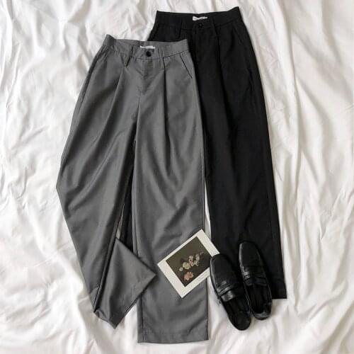 Office Suit Pants Women High Waist Gray Black Wide Leg Soft Summer Long Pants