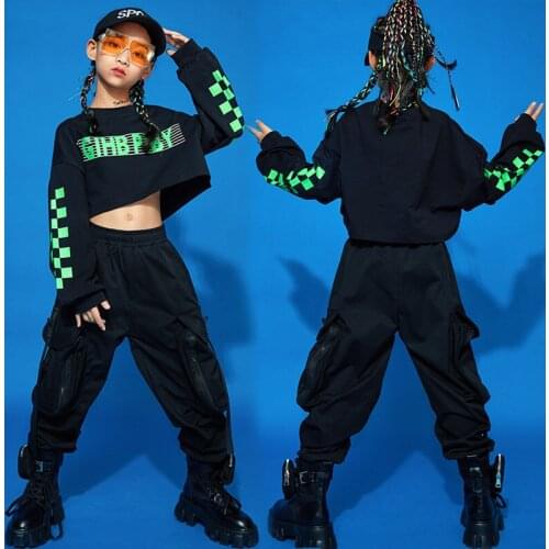 Kids Hip Hop Clothing Crop Tops Black Sweatshirt Streetwear Tactical Cargo Pants For Girls Concert Jazz Dance Costume Clothes