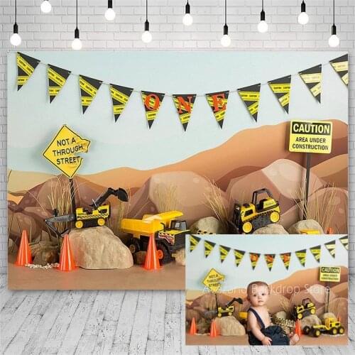 Avezano Photography Backdrops 1st Birthday Construction Excavator Party Caution Boy Backgrounds For Photo Studio Photozone Decor