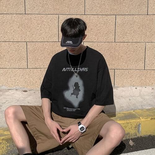 100% cotton short-sleeved T-shirt Mens high street Hong Kong wind loose trend Joker half sleeve ins shirt T-shirt Mens shirt