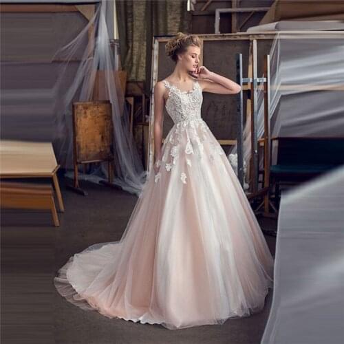 Illusion Lace Appliques Wedding Dresses Sleeveless Bridal Gowns Tulle Customized Long Women Fashion Bride Wear Spring Garden