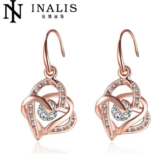 INALIS Hollow Love Heart Cubic Zirconia Rose Gold Color Drop Earrings CZ Stone Fashion Jewelry For Women Earring Wholesale E082