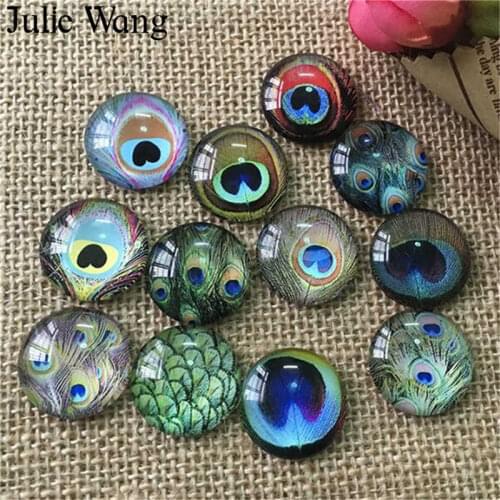Julie Wang 50PCS 8-15mm Peacock Feather Mixed Cabochons Glass Flatback Necklace Bracelet Jewelry Making Accessory
