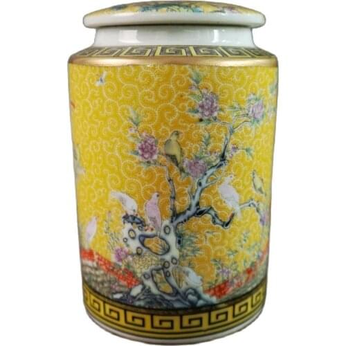 Chinese Old Porcelain Yellow Ground Pink Flower And Bird Pattern Lid Jar