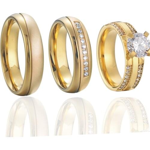 3pcs Proposal Marriage Engagement Rings Golden Lovers Alliance Ladies Girls Cubic Zirconia Wedding Rings Set For Men And Women