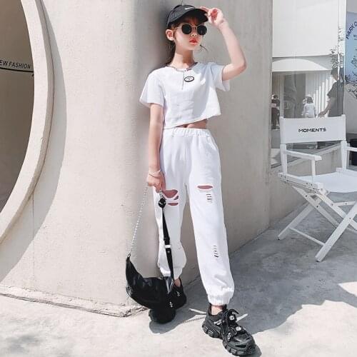 Summer Girls Clothes White Hip Hop Two-piece Sets Teenage Kids Short T-shirt +Shorts 4-14 Year Girls Suits Tracksuit for Girls
