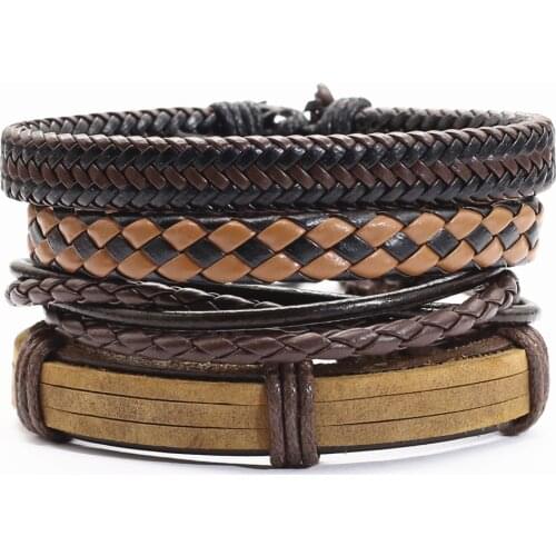 Brown Black Handmade Tree New Punk 4 pcs/set Multilayer Wood Beads Charm Leather Bracelets Men Bracelets Women Homme Jewelry