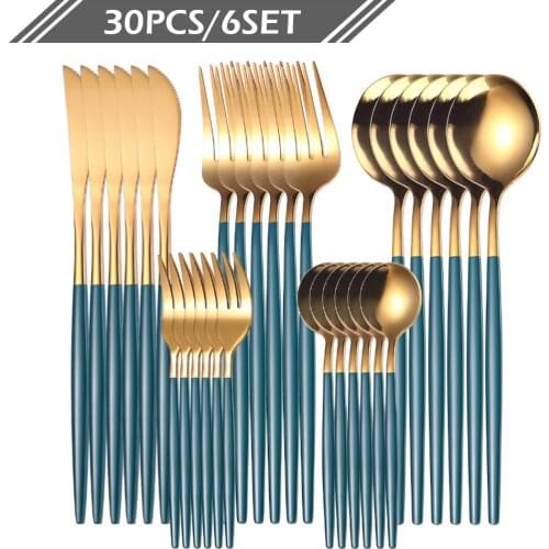 30Pcs/6set Stainless Steel Cutlery Dinnerware Set Portable Gold Cutlery Spoon Fork Knife Tableware Set Supplies For Kitchen