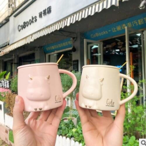 Solid Color Cup with Lid and Spoon Cute Animal Relief Mug Lovely Calf Ceramic Cup Milk Coffee Lovers Cup Coffee Mug with Lid