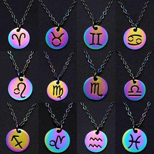 Todorova Stainless Steel 12 Constellation Pendant Necklace Round Coin Hollow Zodiac Sign Necklace Men Women Birthday Gifts