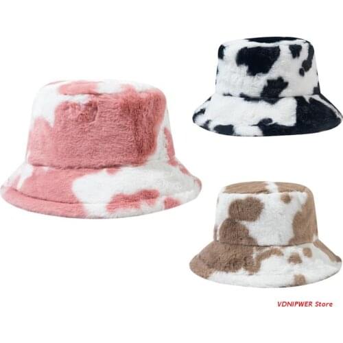 Bucket Hat with Cow Pattern Sunday Angora Yarns Made Fisherman Cap Winter Autumn Outdoor Panama with Flat Top