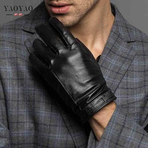 YY8617 Male Genuine Leather Black Full Finger Winter Gloves Man Real Lambskin Short Simple Thicken velvet Motorcycle Eldiven