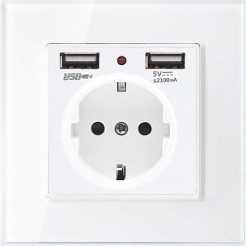 Power Supply Charging Socket With USB White Glass Panel 2A Dual USB Port Wall Charger Adapter Wall Adapter EU Plug Socket Pow