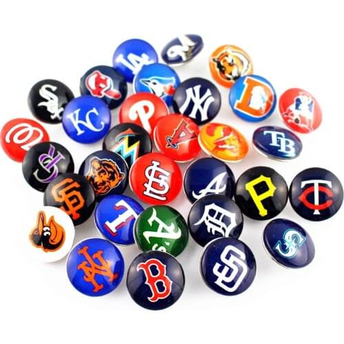 Hot Sale 32pcs/lot Baseball Teams Glass Snap Buttons Sports Charms Fit 18mm DIY Snap Bracelet & Bangles Jewelry Making