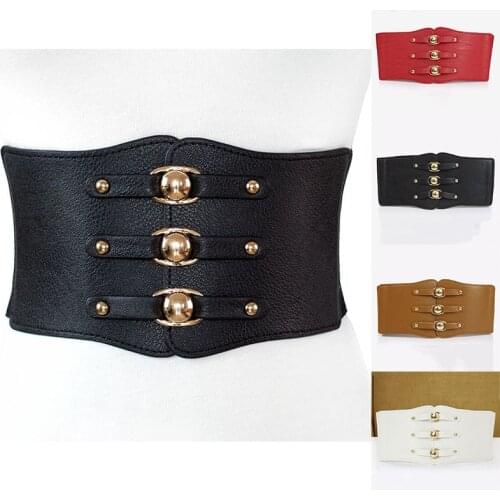 New Vintage PU Leather Womens Wide Belt Fashion Metal Buckle Waistband Rivet Ultra Wide Elastic Female Belt High Quality