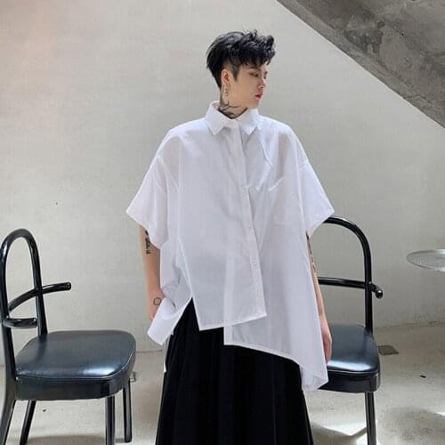 Japanese hair style asymmetric stitching shirt mens short sleeve minority Yamamoto dark style shirt fashion personality brand