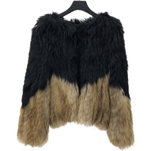 New women natural raccoon fur coat jackets high quakity fashion girls knitted real fur coat