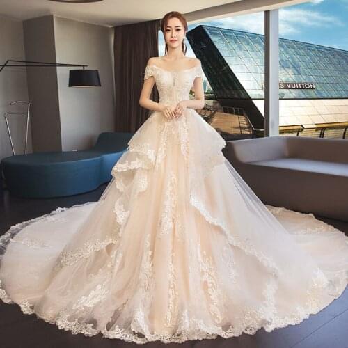 Wedding Dress 2020 New The Luxury Wedding Gown Elegant Boat Neck 1.3m Train Ball Gown Princess Vestido De Noiva Robe De Mariee