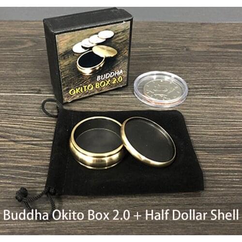Buddha Okito Box 2.0 + Half Dollar Shell Magic Tricks Stage Close Up Magia Coin Appear Penetrate Magie Illusion Gimmick Props