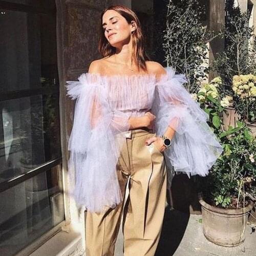 Puff Full Sleeves Tulle Women Blouses Off The Shoulder Ruffles Top Custom Made Illusion Crop Top