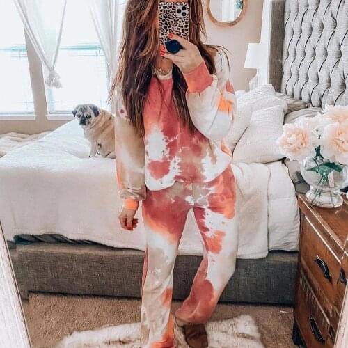 Casual 2 Pieces Orange Tie Dye Women Set Long Sleeve T-shirt And Pant Fitness Set Oversize Female Suits autumn winter Streetwear