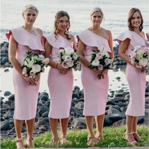 Pink Tea Length Bridesmaid Dresses 2020 Customize Plus Size One Shoulder Satin Mermaid Short Prom Party Formal Gown vestidos